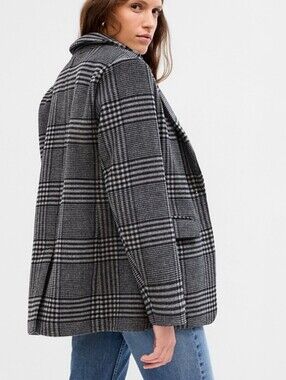 GAP Plaid Wool Blazer Womens Medium Straight silhouette Relaxed fit Black White‎